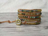 Indian Agates 5 Rows Beaded Leather Wrap Bracelet Gemstones Boho