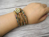 Indian Agates 5 Rows Beaded Leather Wrap Bracelet Gemstones Boho