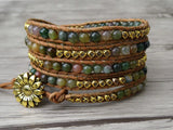Indian Agates 5 Rows Beaded Leather Wrap Bracelet Gemstones Boho
