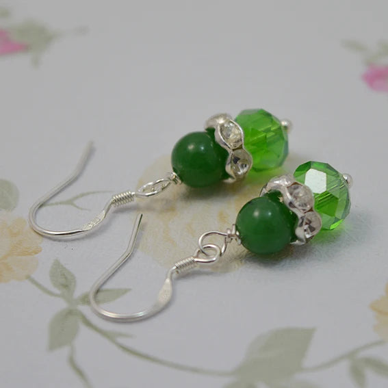 Green Crystal Rhinestone Jade Earrings S925 Silver Dangle Fine Jewelry