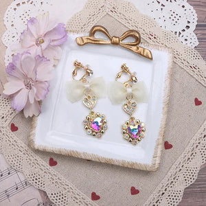 Japanese Style Earrings Sweet Lady Ear Clip Rhinestone Love Heart