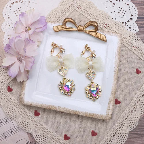 Japanese Style Earrings Sweet Lady Ear Clip Rhinestone Love Heart