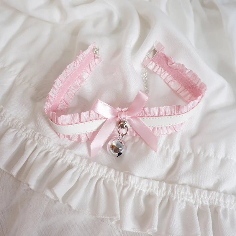 Japanese Style Lolita Pink PU Leather Bell Collar