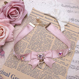 Japanese Sweet Heart Rhinestone Bow Necklace for Women