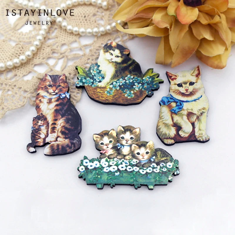 Wooden Animal Charms Cats for DIY Jewelry Making