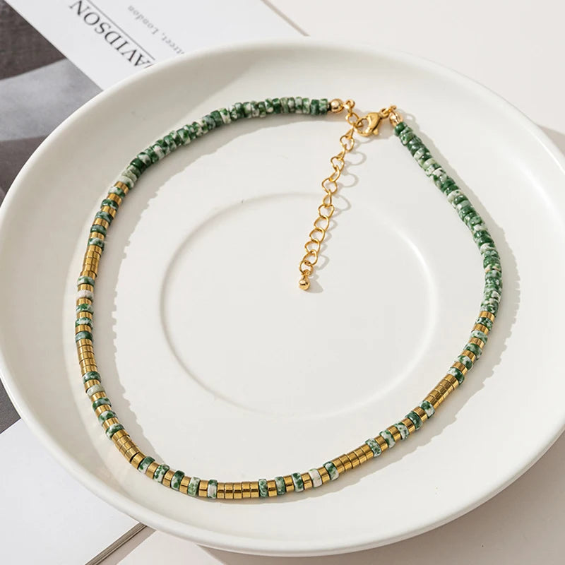 Green Stone 14KGF Bead Choker Necklace for Woman
