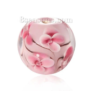 Round Pink Flower Lampwork Glass Loose Beads 16mm Dia