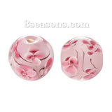 Round Pink Flower Lampwork Glass Loose Beads 16mm Dia