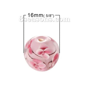 Round Pink Flower Lampwork Glass Loose Beads 16mm Dia