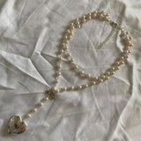 Layered Pearl Heart Locket Pendant Beaded Chain Necklace
