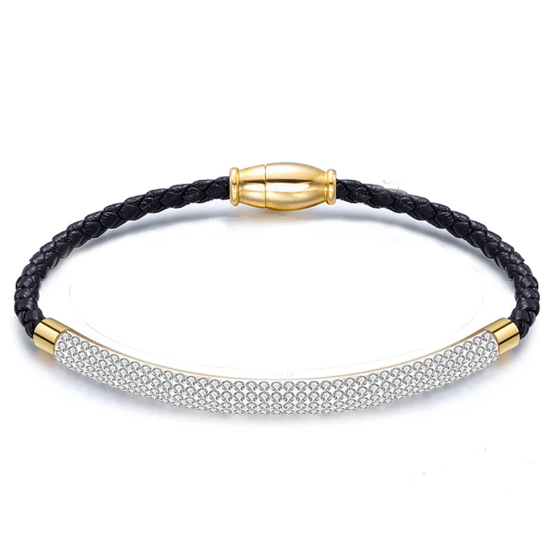 Magnetic Crystal Rhinestone Charm Leather Wrap Bracelet for Women