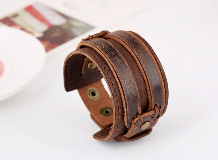 Men Bracelet Punk Brown Leather Wristband Year