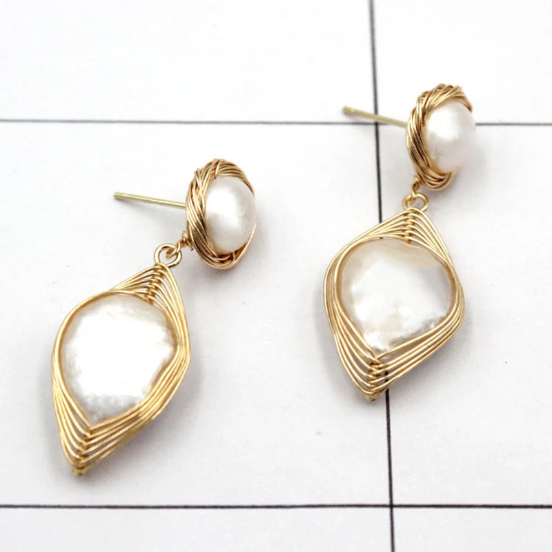 Metallic Line Wrap Pearl Earrings for Women