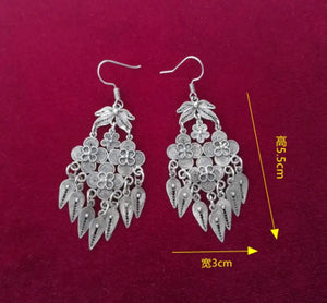Miao Silver Filigree Flower Tassel Earrings Ethnic Style