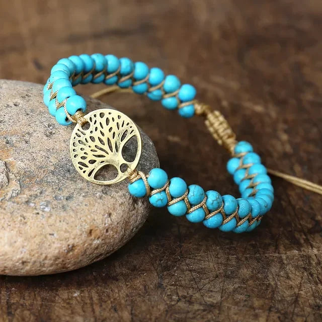 African Stone Beaded Yoga Wrap Bracelet Stainless Steel Tree of Life Charm