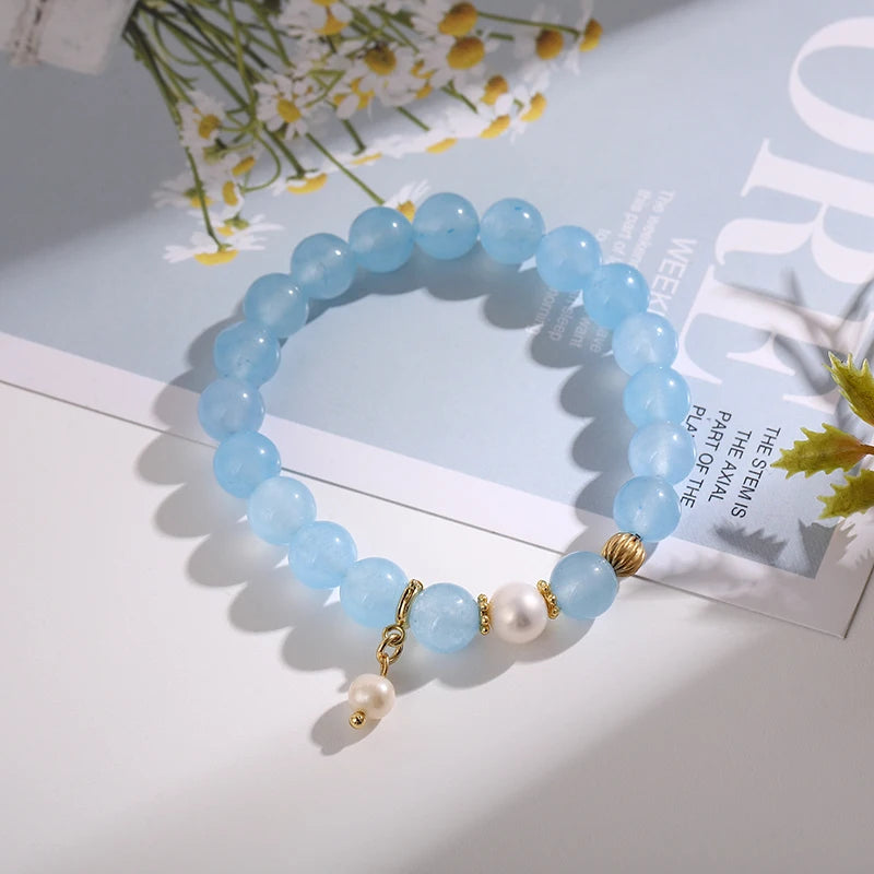 Navy Stone Pearl Beaded Bracelet for Women Girls