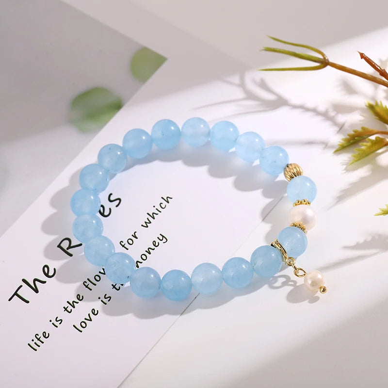 Navy Stone Pearl Beaded Bracelet for Women Girls