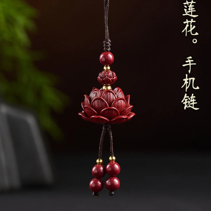 Cinnabar Lotus Car Keychain Chinese Lucky Phone Chain Bag Pendant