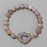 Druzy Quartz Crystal Charm Bracelet Stripe Agates Beads Elastic Bracelets