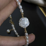 Rice Pearl 925 Silver Hand Carved Shell Rose Bracelet Jewelry