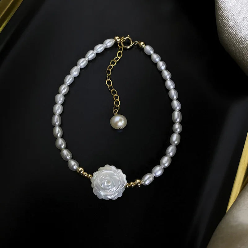 Rice Pearl 925 Silver Hand Carved Shell Rose Bracelet Jewelry