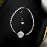 Rice Pearl 925 Silver Hand Carved Shell Rose Bracelet Jewelry