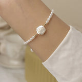 Rice Pearl 925 Silver Hand Carved Shell Rose Bracelet Jewelry