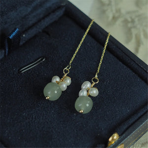 Green Hetian Jade Pearls Drop Earring 925 Silver Female Party Jewelry