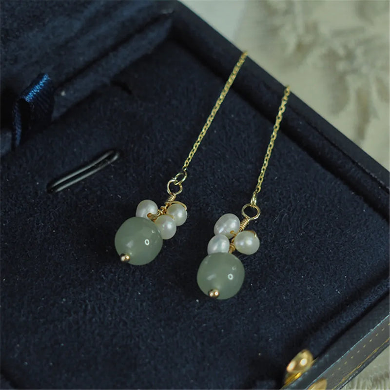 Green Hetian Jade Pearls Drop Earring 925 Silver Female Party Jewelry