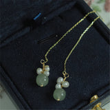 Green Hetian Jade Pearls Drop Earring 925 Sterling Silver Female Party Jewelry