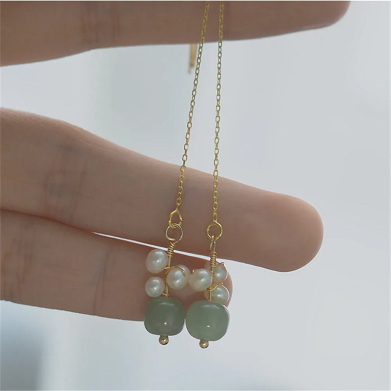 Green Hetian Jade Pearls Drop Earring 925 Sterling Silver Female Party Jewelry