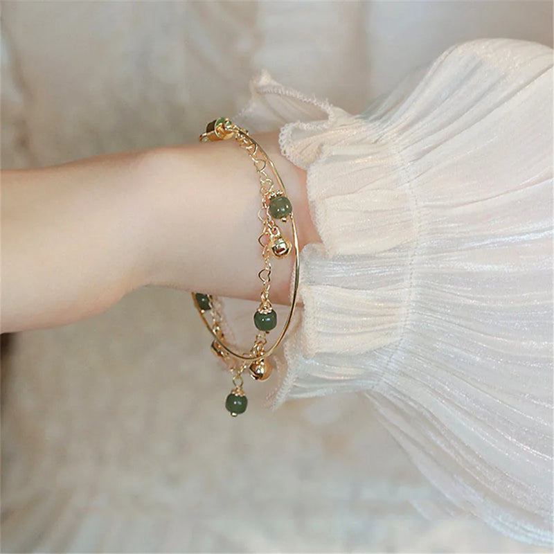 Hetian Jade Bead Bell Charm Bracelet - Ins Niche Vintage Jewelry