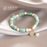 Natural Pearl Green Marble Elastic Rope Bracelet Bohemian Style Jewelry