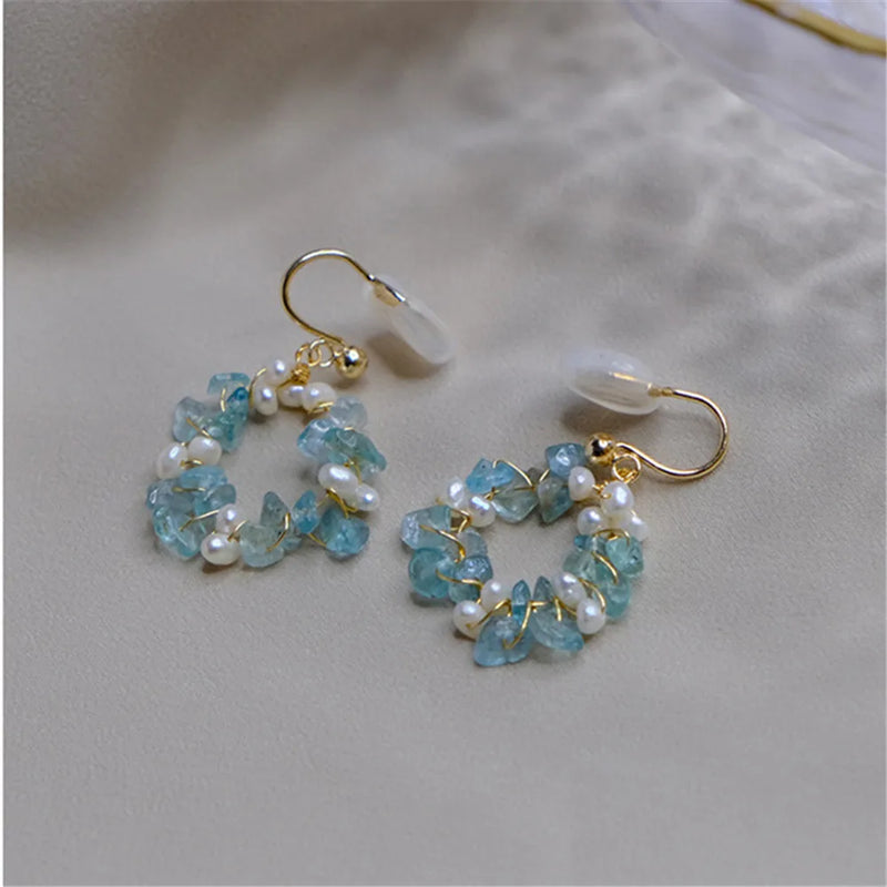 Natural Stone Apatite Pearls Hoop Ear Clips Women Party Jewelry Gift