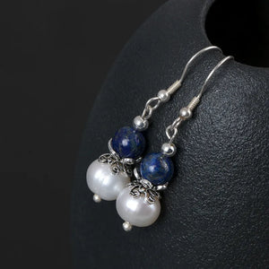 S925 Silver Freshwater Pearl Lapis Lazuli Bead Earrings