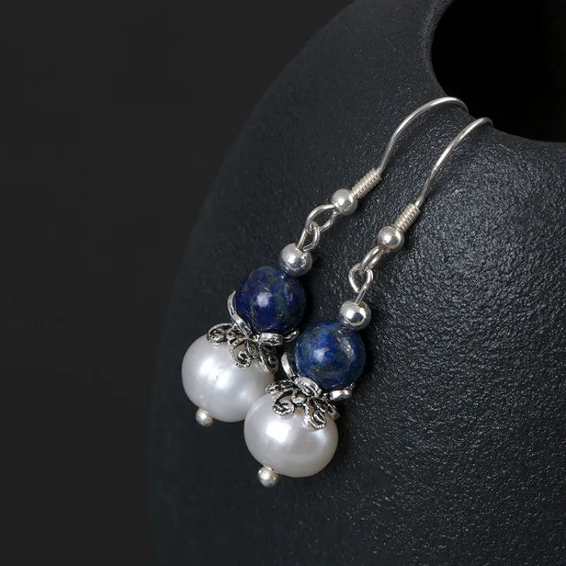 S925 Silver Freshwater Pearl Lapis Lazuli Bead Earrings