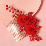 Pearl Red Flower Hair Comb Clips Rhinestone Bridal Wedding Jewelry