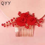Pearl Red Flower Hair Comb Clips Rhinestone Bridal Wedding Jewelry