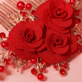 Pearl Red Flower Hair Comb Clips Rhinestone Bridal Wedding Jewelry