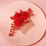 Pearl Red Flower Hair Comb Clips Rhinestone Bridal Wedding Jewelry