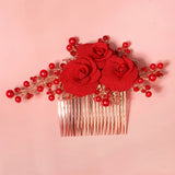 Pearl Red Flower Hair Comb Clips Rhinestone Bridal Wedding Jewelry