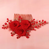 Pearl Red Flower Hair Comb Clips Rhinestone Bridal Wedding Jewelry