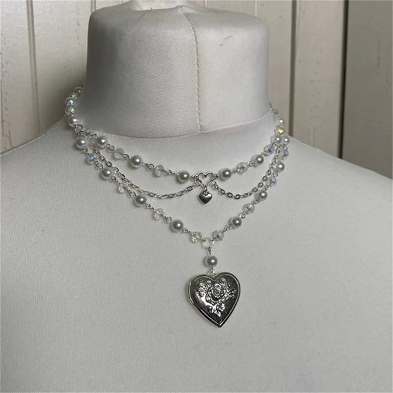 Pearls Heart Locket Fairycore Choker Necklace Y2K Pixie