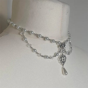 Pearls Rosary Necklace with Crystal Beads Bows Heart Ornaments