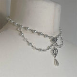 Pearls Rosary Necklace with Crystal Beads Bows Heart Ornaments