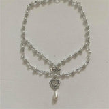 Pearls Rosary Necklace with Crystal Beads Bows Heart Ornaments