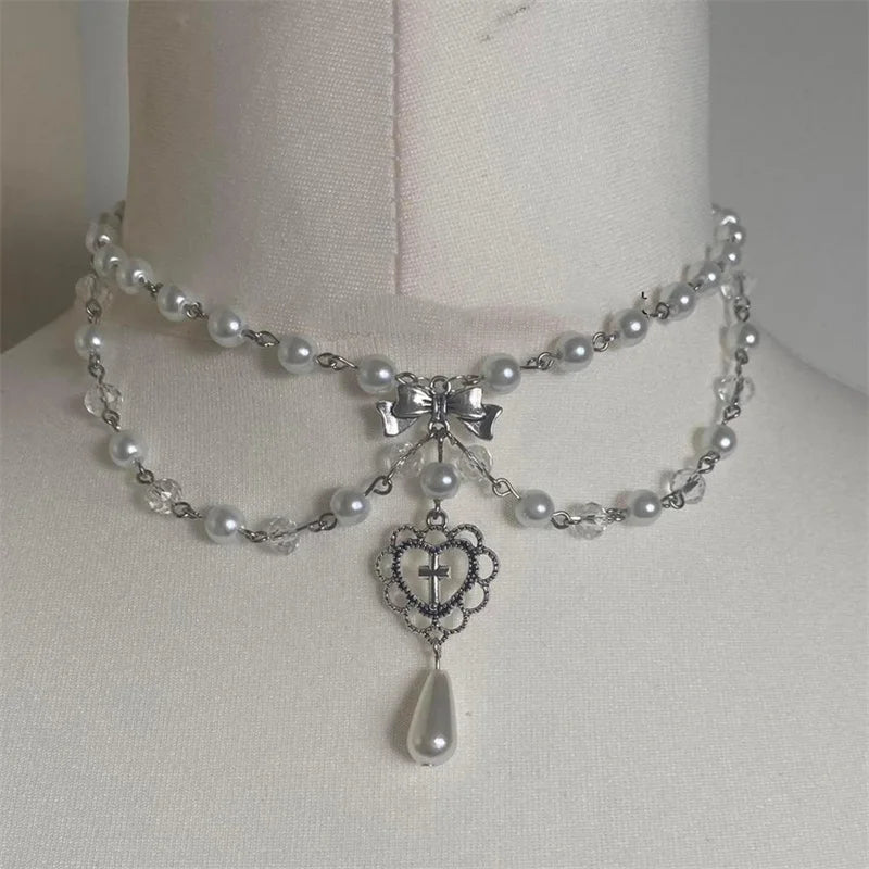Pearls Rosary Necklace with Crystal Beads Bows Heart Ornaments