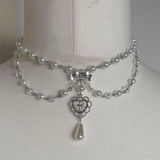 Pearls Rosary Necklace with Crystal Beads Bows Heart Ornaments