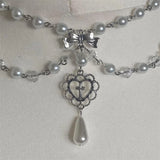 Pearls Rosary Necklace with Crystal Beads Bows Heart Ornaments