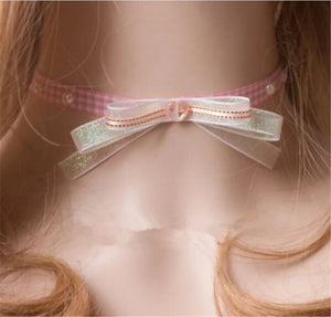 Pink Princess Gothic Necklace Collar Pearl Butterfly Knot Soft Sister Choker